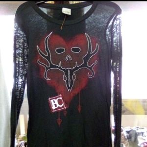 Black Bone Collector Tee Red Antlers Heart Skull Long Sleeve Burnout Sheer Knit